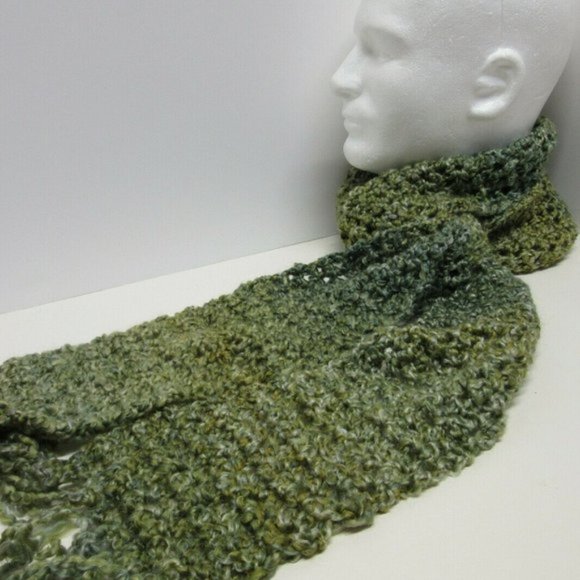 Green Scarf Extra Long 104x5 Handmade Crochet Knit Men Women Christmas Muffler - Picture 2 of 6